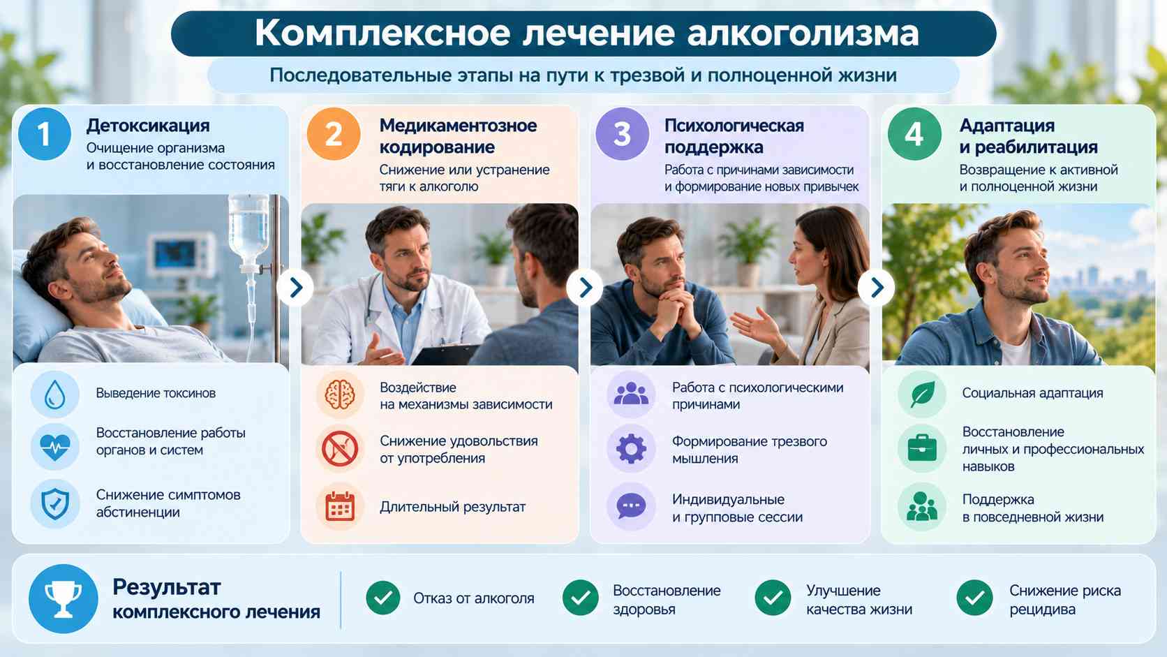 Инфографика с четырьмя этапами комплексного лечения алкоголизма: детоксикация, медикаментозное кодирование, психологическая поддержка и социальная адаптация.